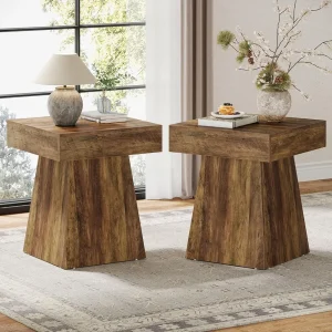 Small End Table Set of 2, Rustic Square Side Table With Wide Base, Farmhouse Small Nightstand Beside Bed