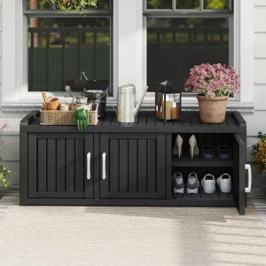 Outdoor Shoe Storage Cabinet Waterproof UV-Resistant, Entryway Storage Bench Indoor Outdoor with 3 Barn Doors, Customized